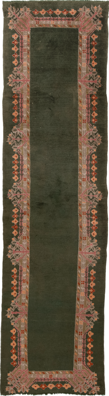 3' x 11' one-of-a-kind handmade vintage Oushak runner rug. Color palette: brown, gray, pink, sienna