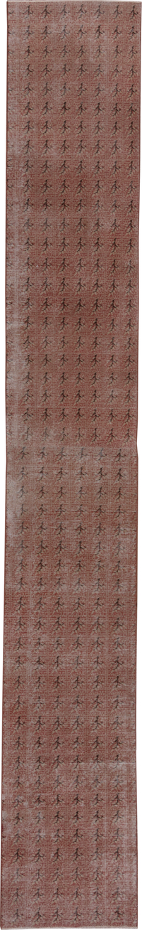 2' x 16' one-of-a-kind handmade vintage Oushak runner rug. Color palette: brown, gray, off-white, pink, red, redwood, snow