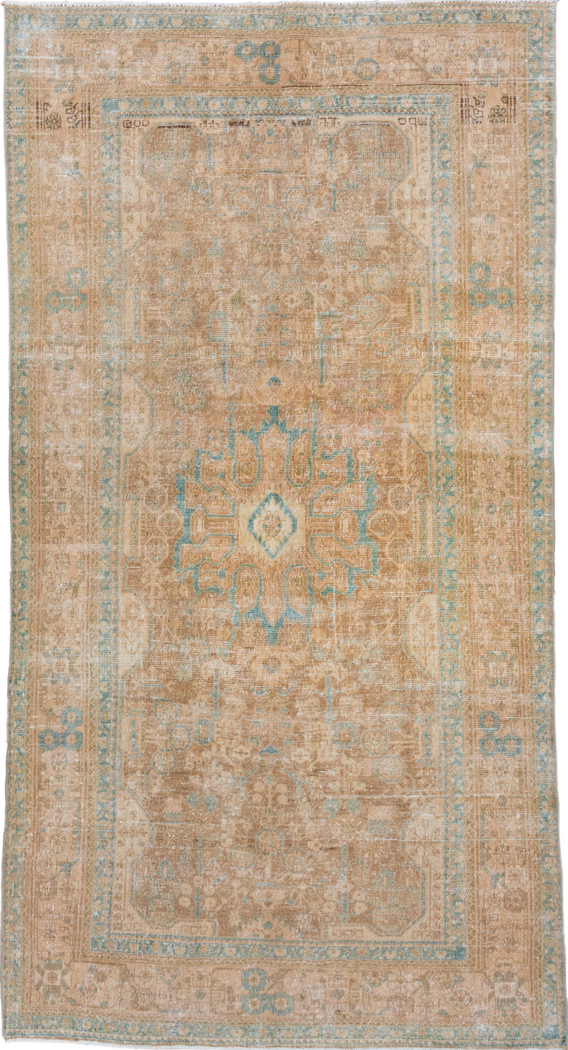 5' x 10' one-of-a-kind handmade vintage Malayer medium size rug. Color palette: brown, gray, light gray, off-white, orange
