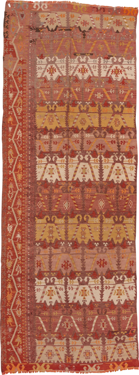 4' x 12' one-of-a-kind handmade vintage Kilim runner rug. Color palette: brown, red, redwood
