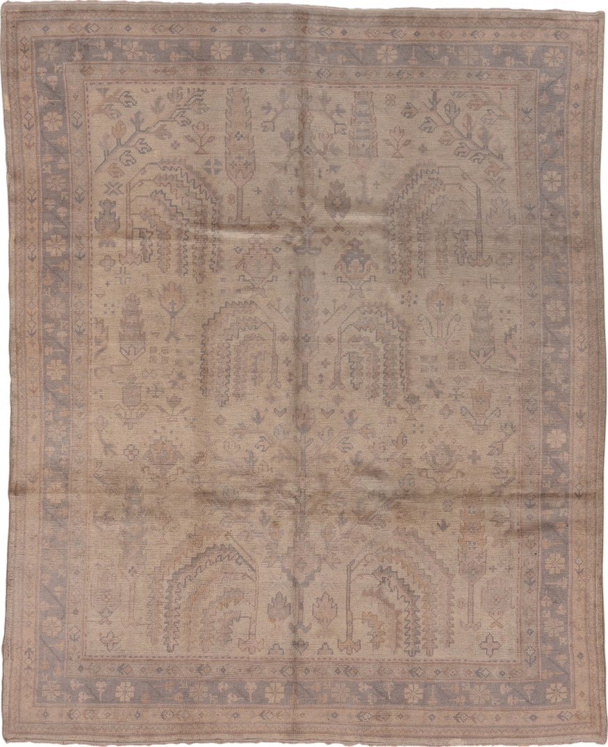 7' x 8' one-of-a-kind handmade vintage Oushak rug. Color palette: brown, gray, light gray, off-white, pink, snow, white