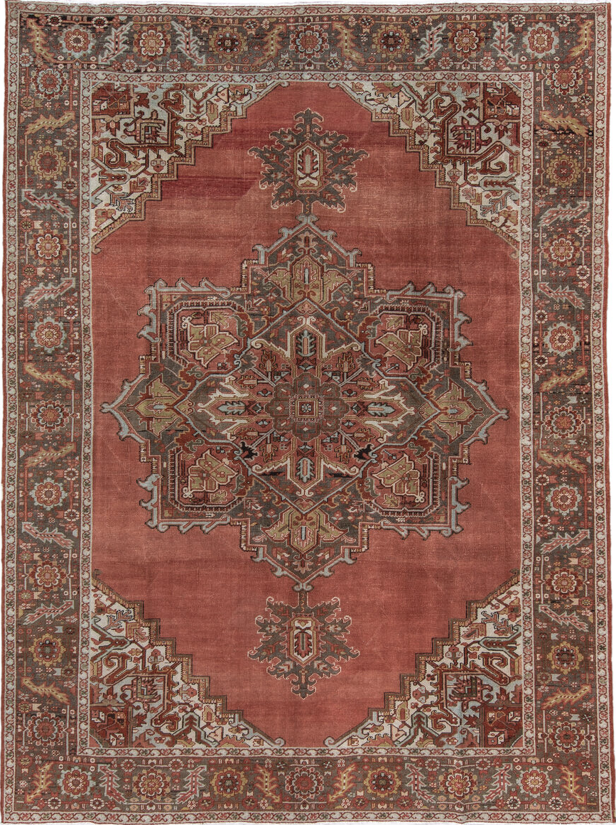 8' x 11' one-of-a-kind handmade vintage Heriz large size rug. Color palette: brown, pink, gray, red, orange, redwood