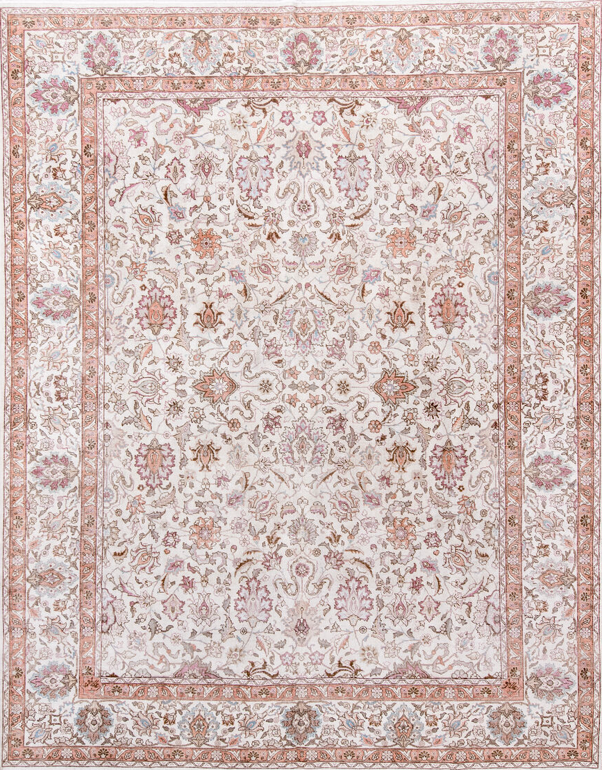 8' x 11' one-of-a-kind handmade vintage Sparta large size rug. Color palette: brown, gray, light gray, linen, misty rose