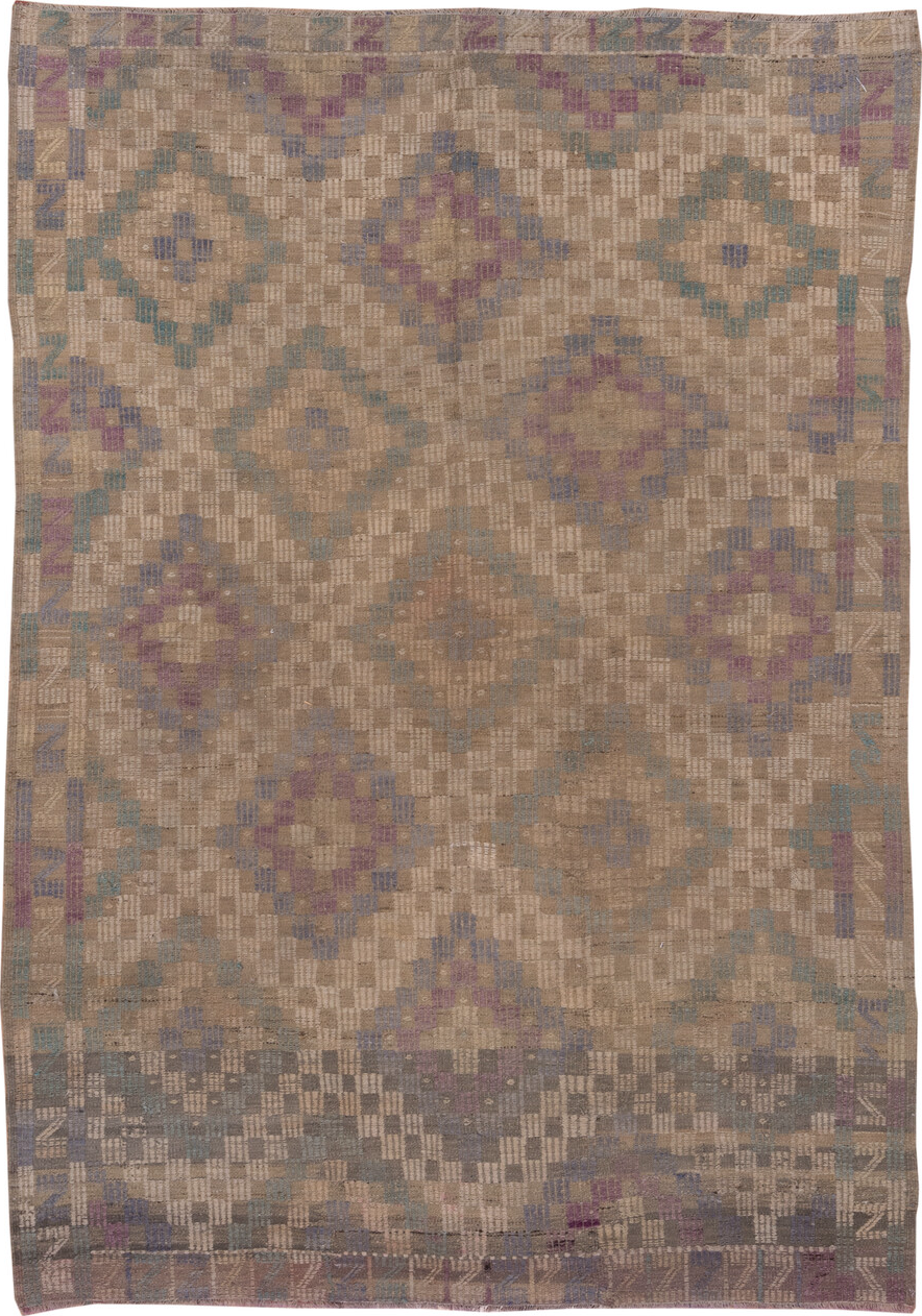 6' x 8' one-of-a-kind handmade vintage Jijim medium size rug. Color palette: brown, dim gray, gray, pink