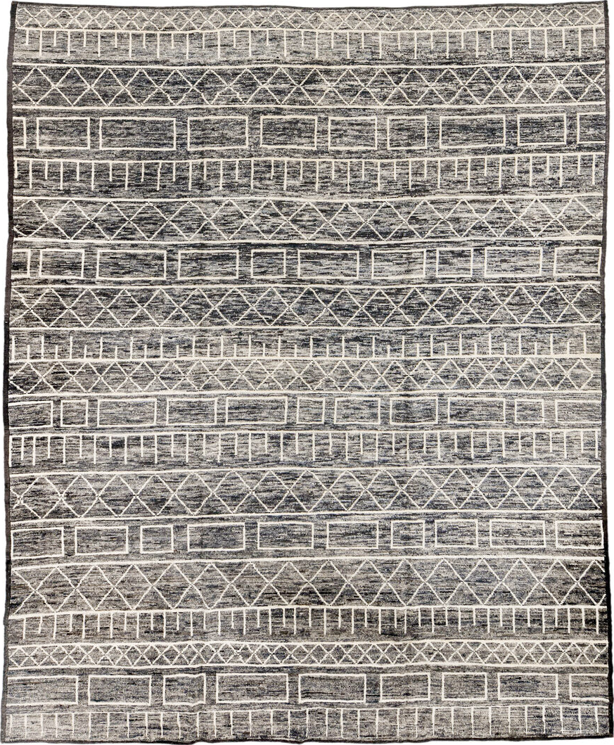 9' x 11' one-of-a-kind handmade vintage Tulu large size rug. Color palette: black, blue, brown, charcoal, dark gray