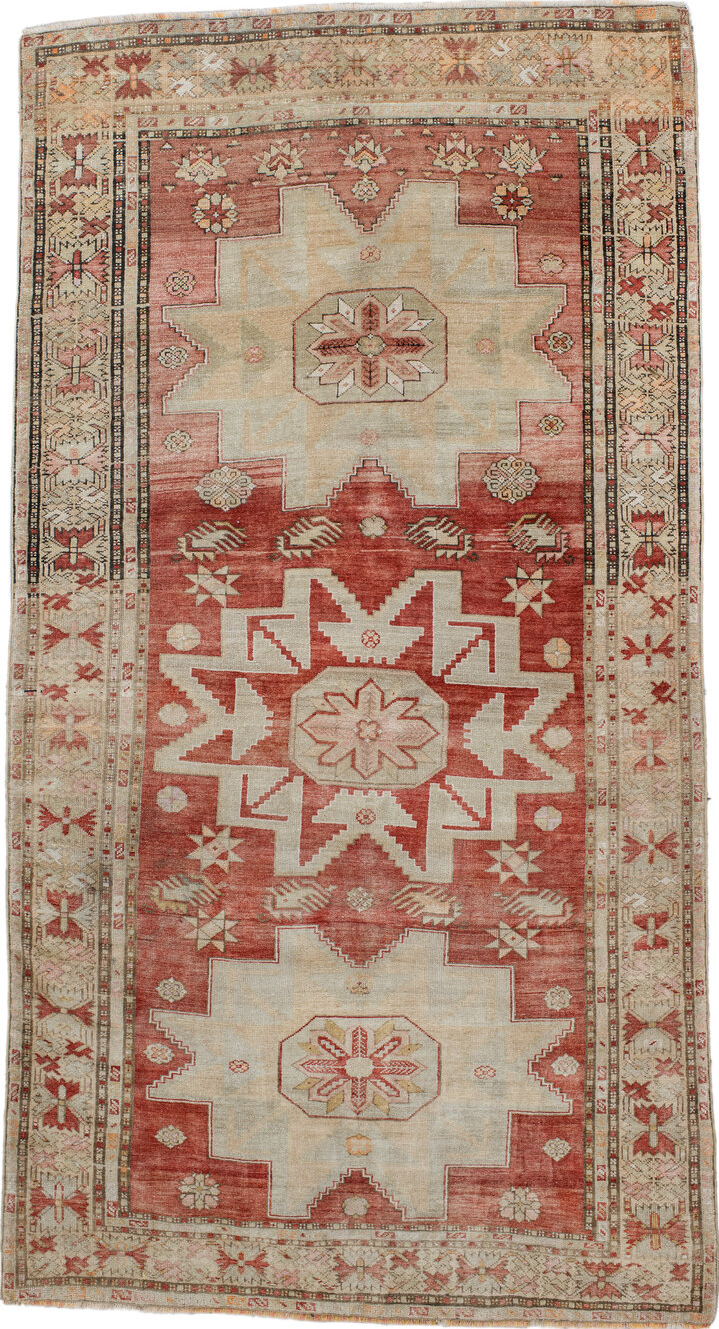 4' x 8' one-of-a-kind handmade vintage Anatol rug. Color palette: brown, gray, light gray, off-white, orange, pink, red