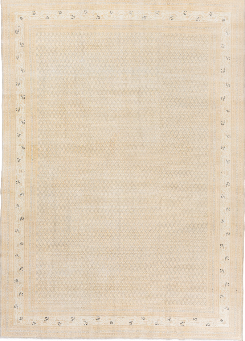 7' x 11' one-of-a-kind handmade vintage Saraband large size rug. Color palette: antiquewhite, beige, blanched almond, brown