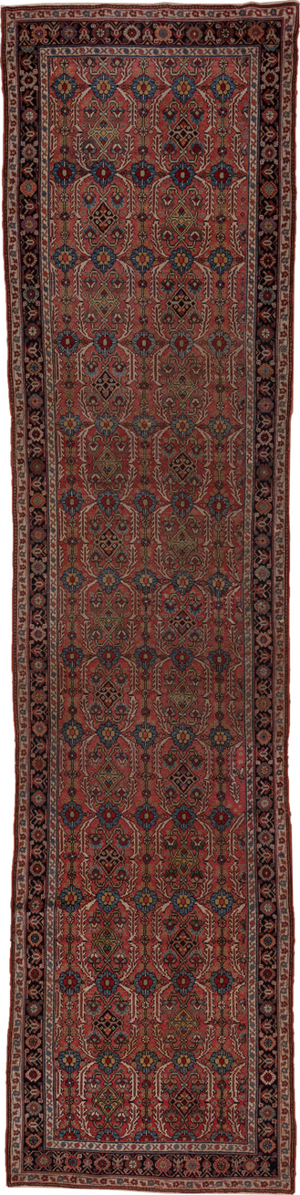 3' x 15' one-of-a-kind handmade vintage NW Persian runner rug. Color palette: black, brown, gray, pink, red