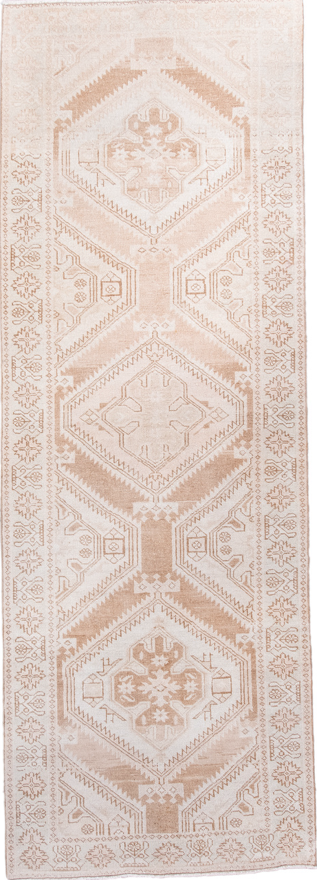 3' x 10' one-of-a-kind handmade vintage Sarab runner rug. Color palette: antiquewhite, brown, gainsboro, gray, light gray