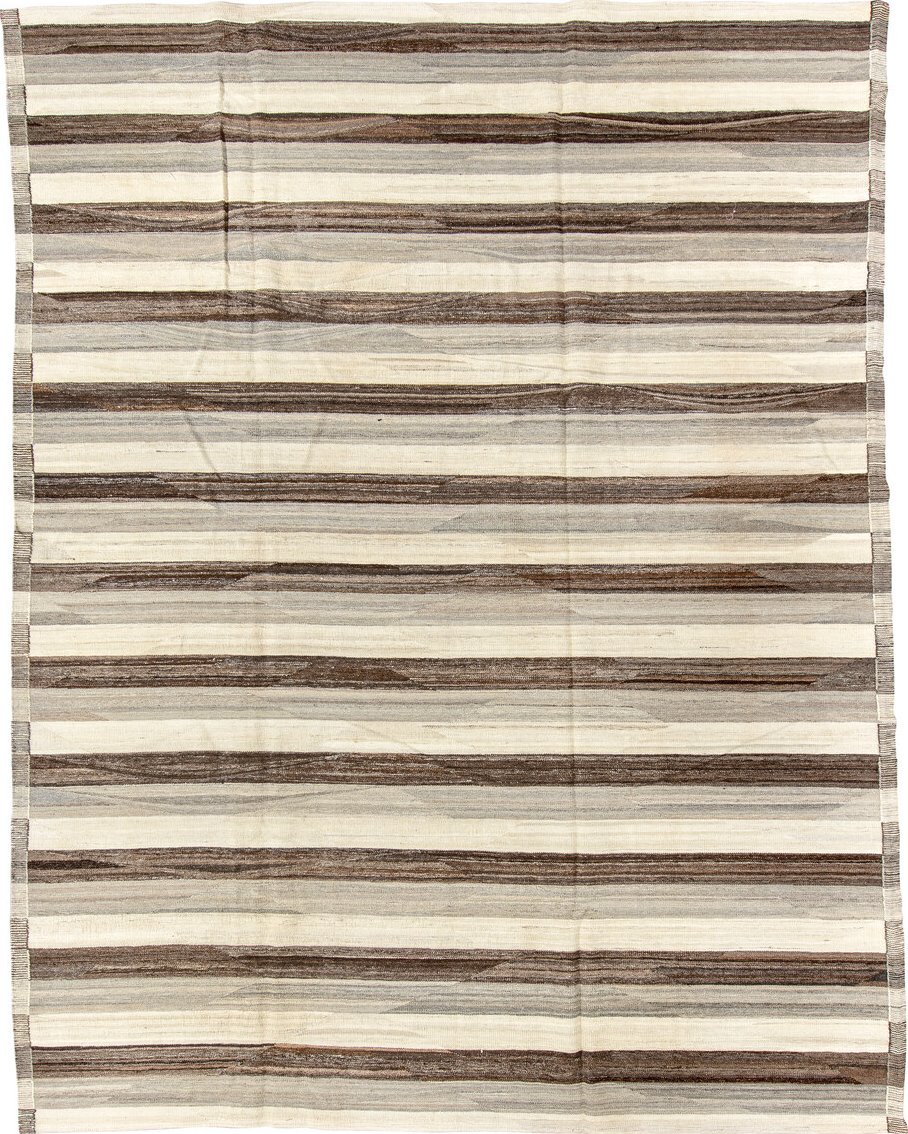 9' x 11' one-of-a-kind handmade vintage Kilim large size rug. Color palette: black, brown, charcoal, gainsboro, gray