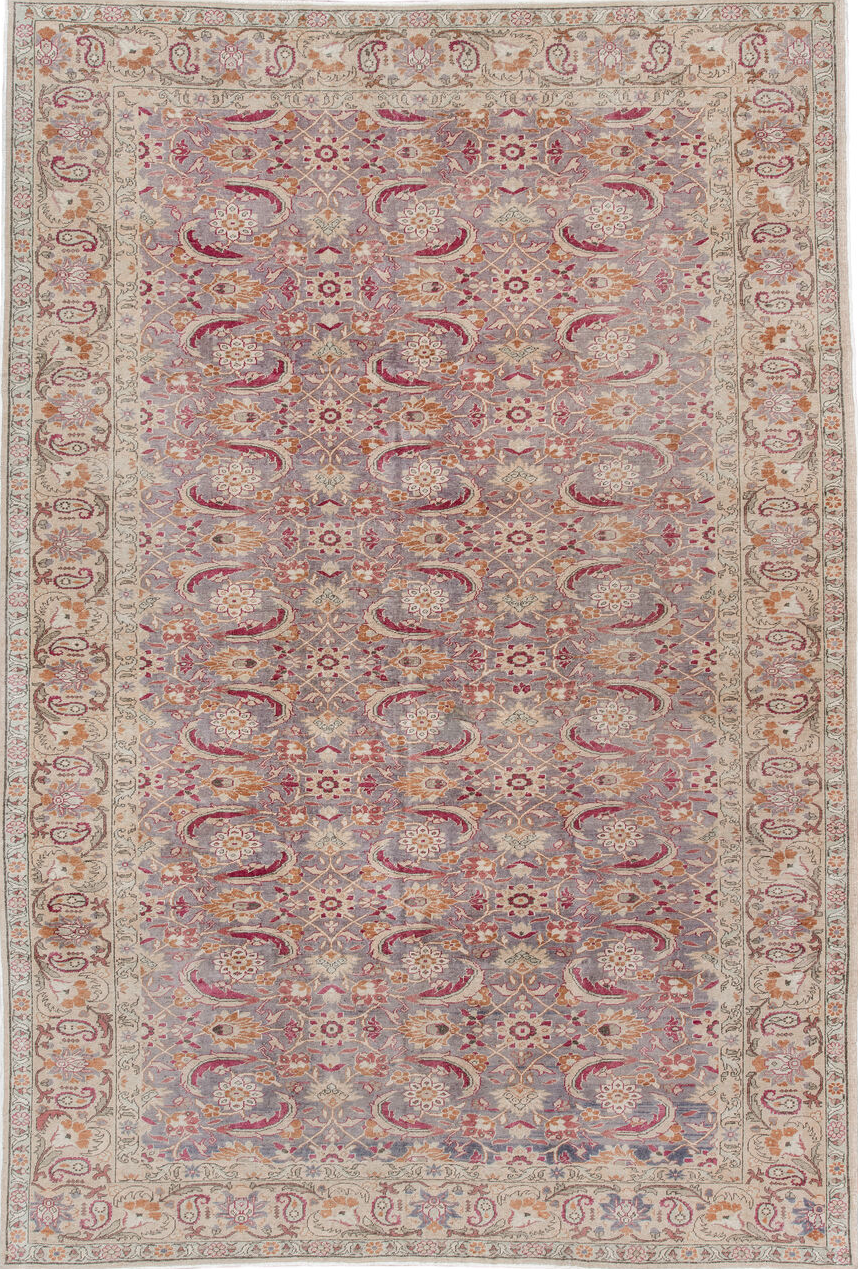 7' x 10' one-of-a-kind handmade vintage Sivas large size rug. Color palette: brown, gray, light gray, off-white, pink, red