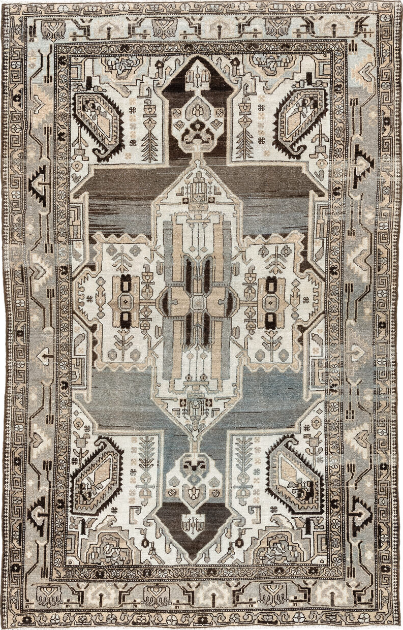 4' x 6' one-of-a-kind handmade vintage Malayer small size rug. Color palette: antiquewhite, black, brown, dim gray, gray