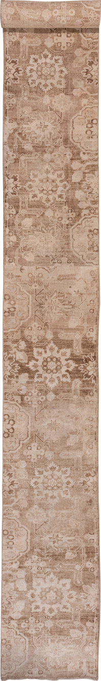 2' x 21' one-of-a-kind handmade vintage Oushak runner rug. Color palette: brown, gray, light gray, off-white, pink, snow