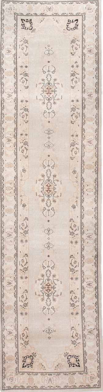 2' x 10' one-of-a-kind handmade vintage Tabriz runner rug. Color palette: black, brown, gainsboro, gray, light gray, linen