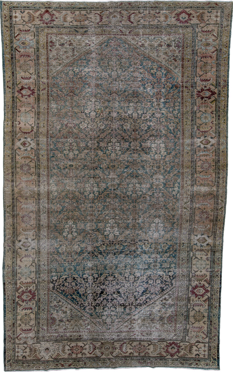 7' x 11' one-of-a-kind handmade vintage Farahan large size rug. Color palette: black, blue, brown, charcoal, dark gray