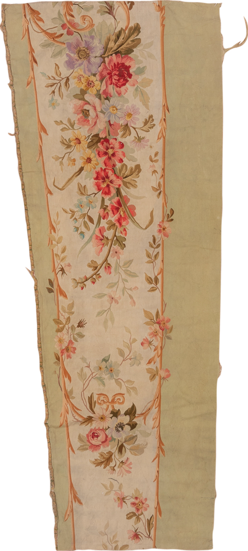 2' x 7' one-of-a-kind handmade vintage Aubusson runner rug. Color palette: brown, gray, off-white, pink, red, snow, white