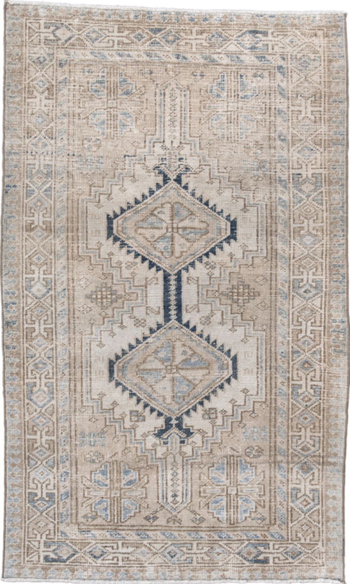 3' x 6' one-of-a-kind handmade vintage Heriz small size rug. Color palette: blue, dark gray, dim gray, gray, light gray