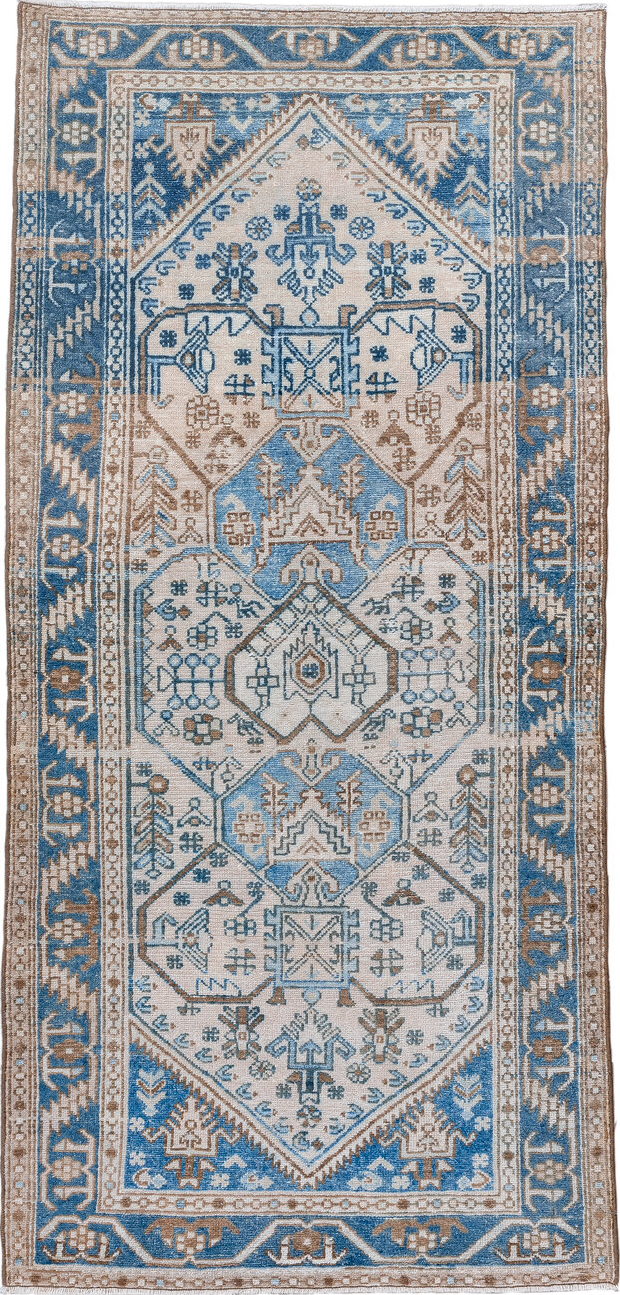 3' x 6' one-of-a-kind handmade vintage Hamadan runner rug. Color palette: blue, dark gray, dim gray, fiord, gray, light blue