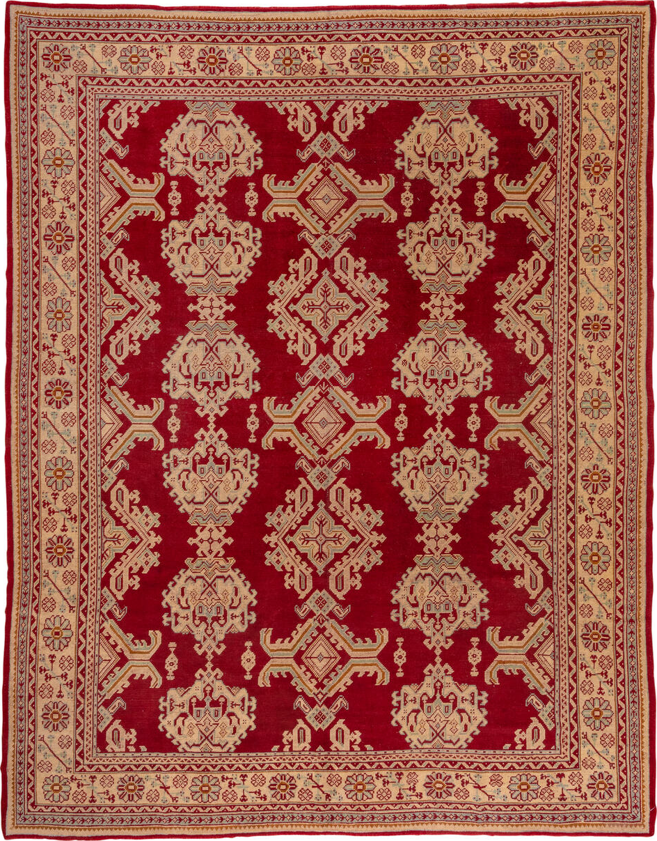 10' x 13' one-of-a-kind handmade vintage Oushak large size rug. Color palette: brown, burgundy, gray, orange, pink, red