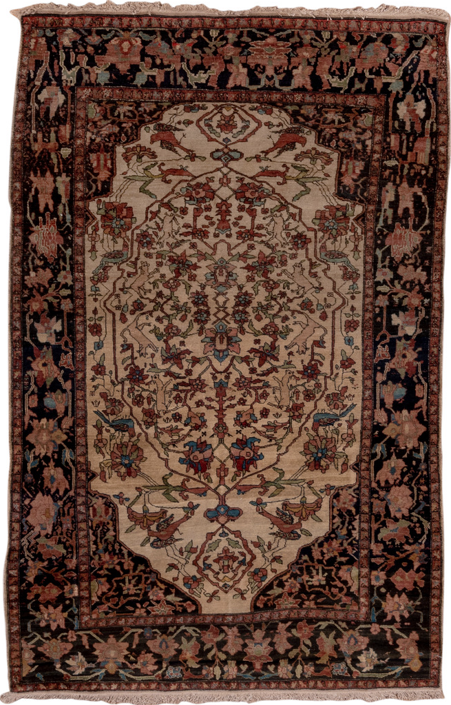 4' x 6' one-of-a-kind handmade vintage Far.Sarouk small size rug. Color palette: black, brown, gray, pink, redwood