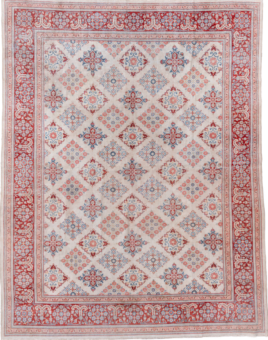 10' x 12' one-of-a-kind handmade vintage Joshegan large size rug. Color palette: blue, brown, burgundy, dark gray, gainsboro