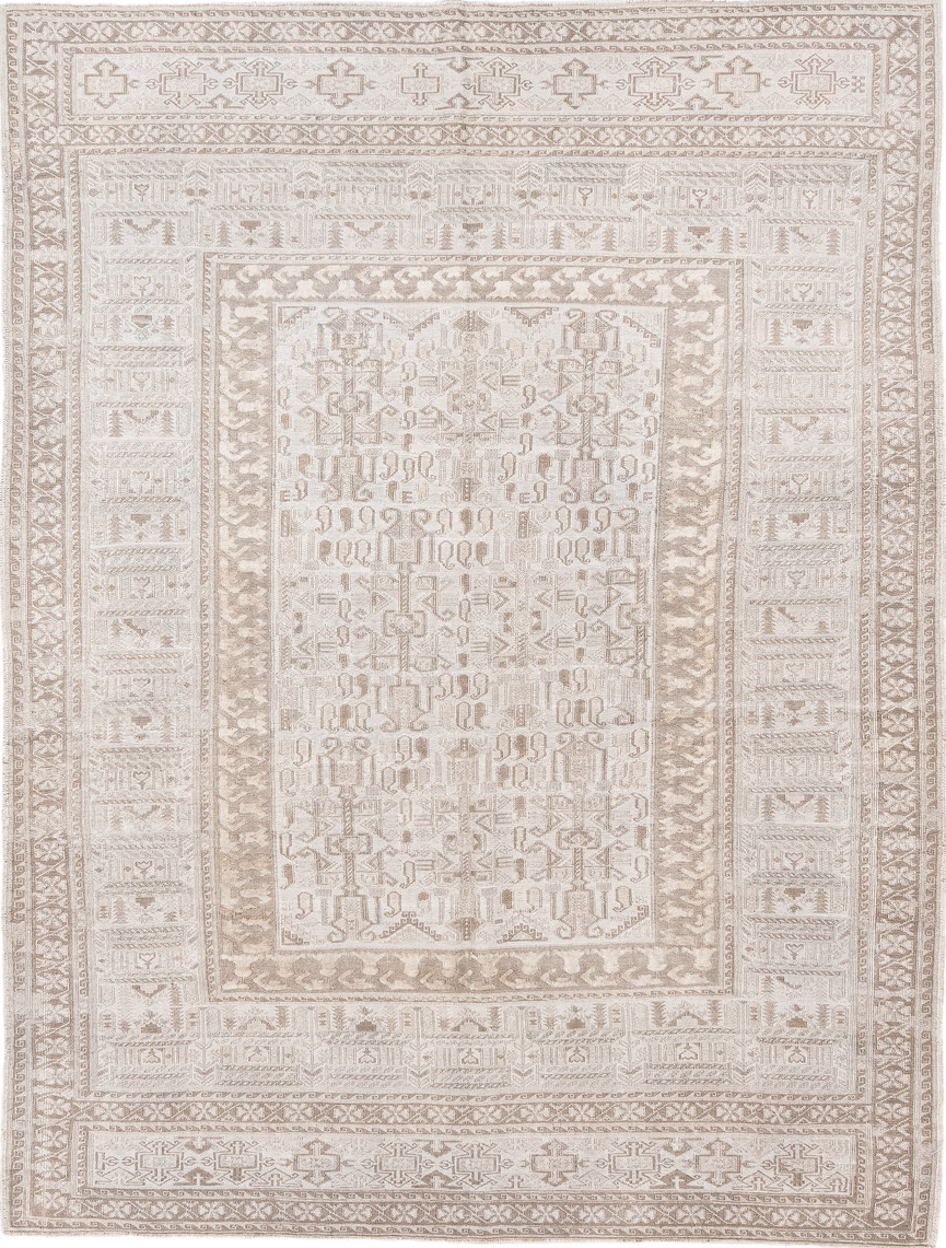 6' x 8' one-of-a-kind handmade vintage Sumak medium size rug. Color palette: antiquewhite, dark gray, gainsboro, gray
