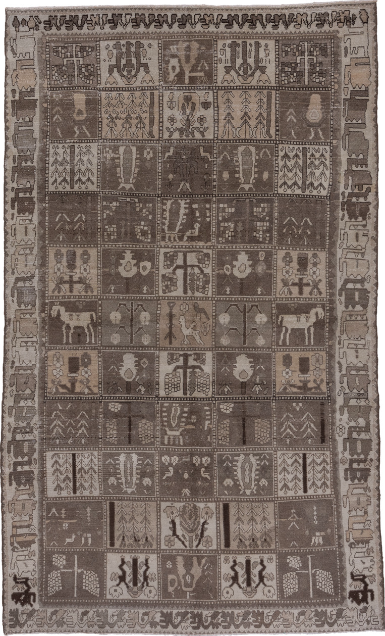 5' x 9' one-of-a-kind handmade vintage Baktiary medium size rug. Color palette: black, brown, charcoal, gray