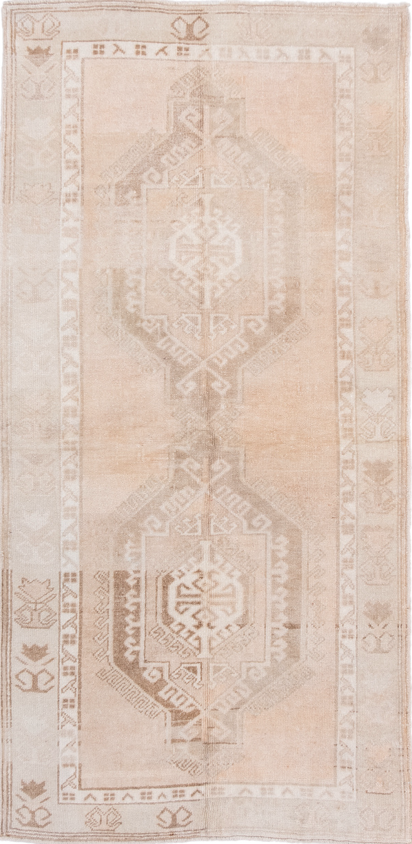 3' x 6' one-of-a-kind handmade vintage Anatol runner rug. Color palette: brown, gray, light gray, off-white, orange, pink