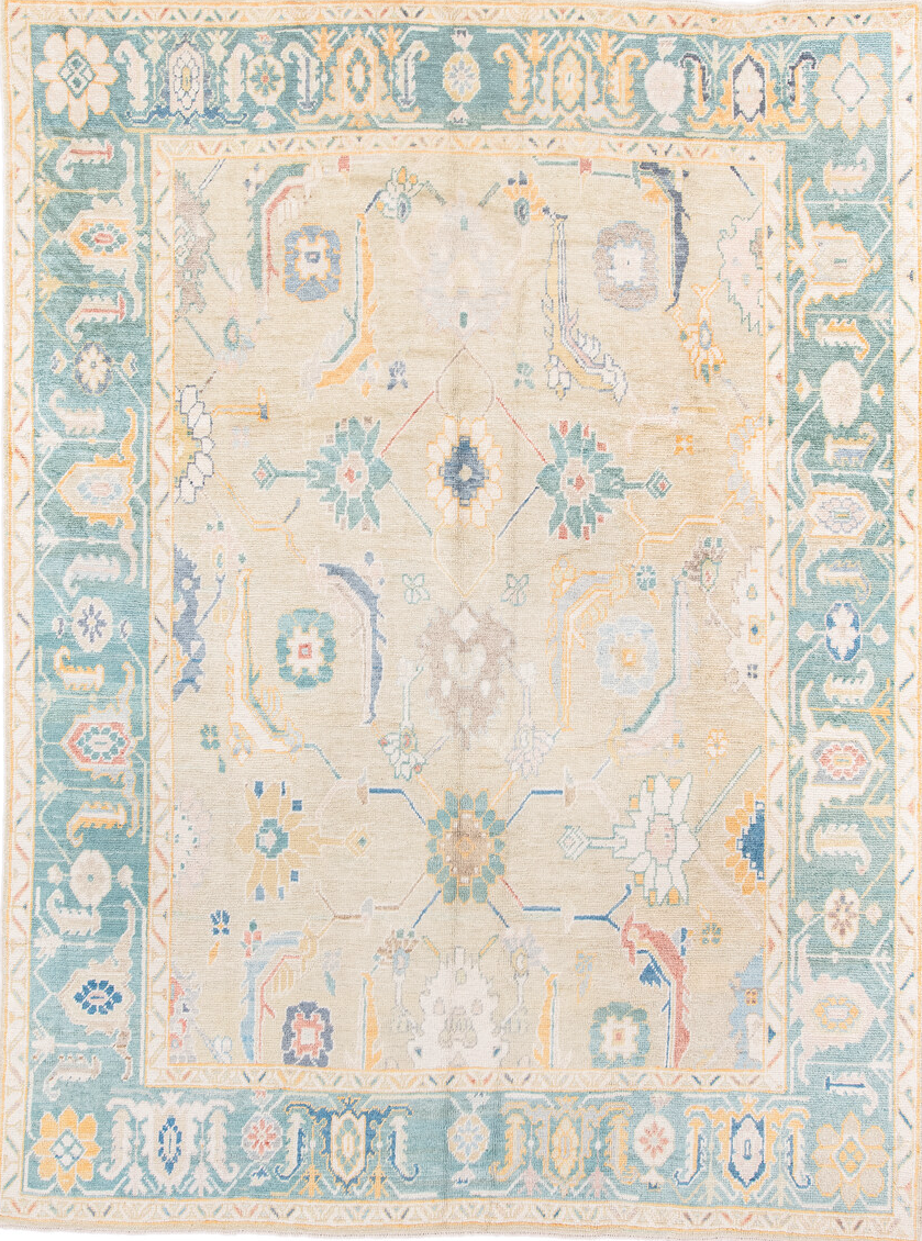 8' x 12' one-of-a-kind handmade vintage Oushak large size rug. Color palette: antiquewhite, blue, brown, dark gray