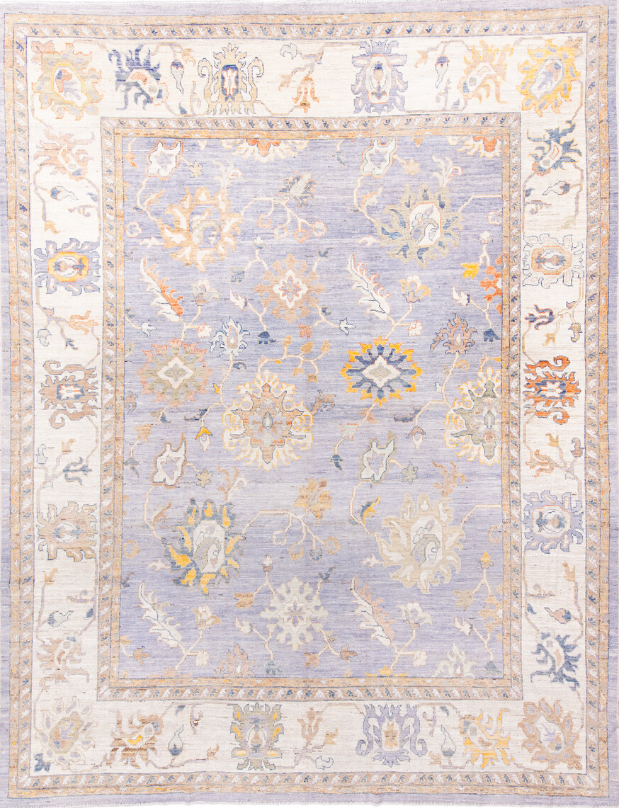 11' x 15' one-of-a-kind handmade vintage Oushak oversize rug. Color palette: blue, brown, dark gray, gainsboro, gray