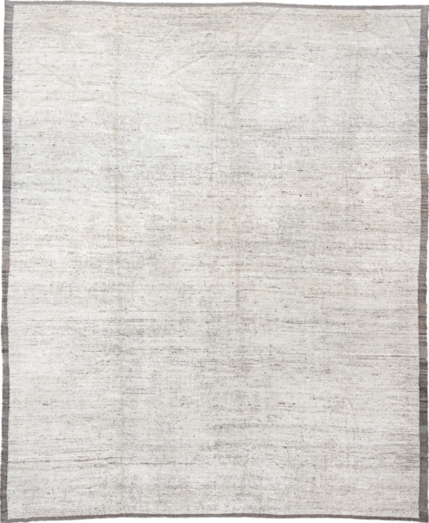 14' x 12' one-of-a-kind handmade vintage Tulu oversize rug. Color palette: dark gray, gainsboro, gray, light gray, linen