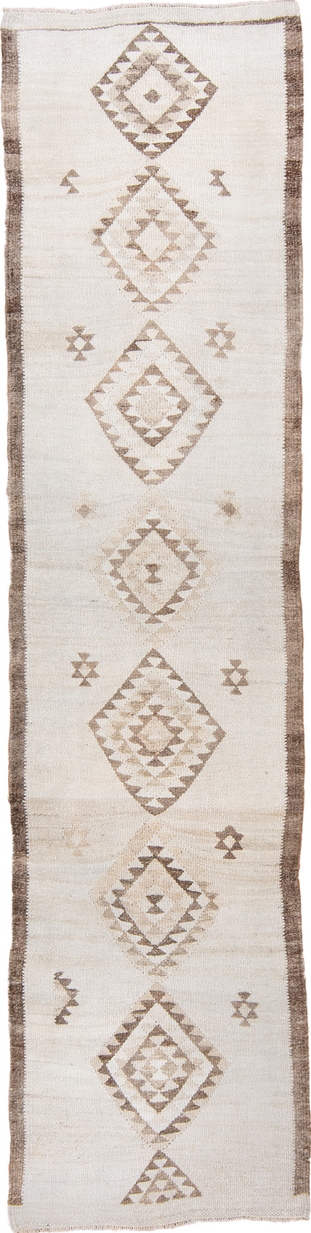 2' x 11' one-of-a-kind handmade vintage Kilim runner rug. Color palette: brown, gainsboro, gray, light gray, linen