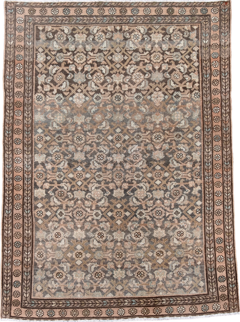 3' x 4' one-of-a-kind handmade vintage Malayer small size rug. Color palette: brown, dim gray, gray, light gray, off-white