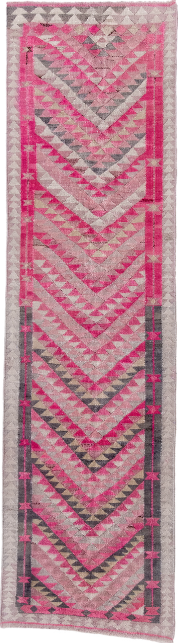 3' x 11' one-of-a-kind handmade vintage Kilim runner rug. Color palette: blue, brown, gray, light gray, off-white, pink, red