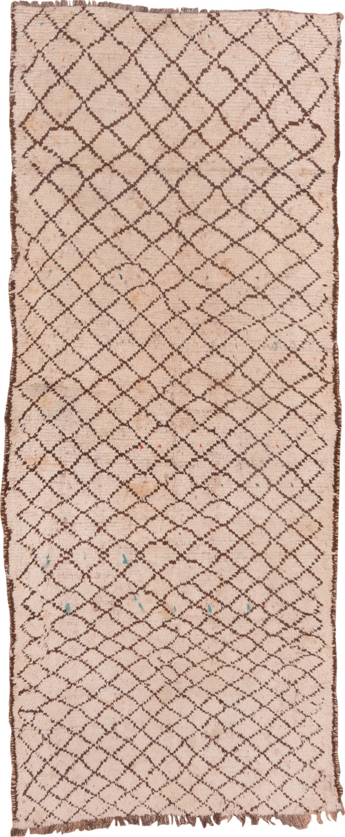 4' x 12' one-of-a-kind handmade vintage Moroccan runner rug. Color palette: brown, gray, light gray, off-white, orange, pink