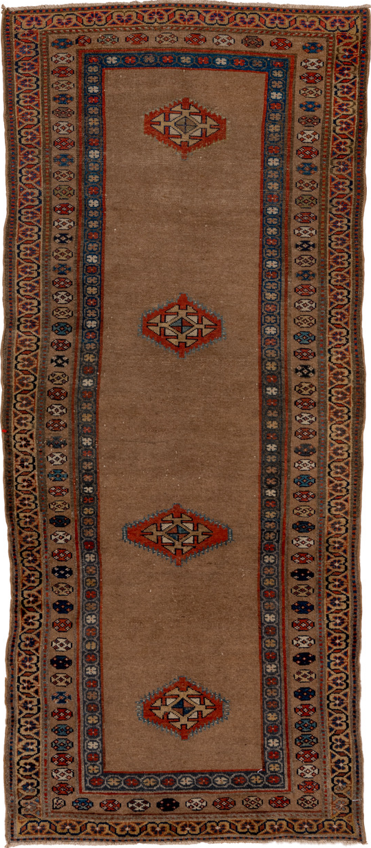 3' x 8' one-of-a-kind handmade vintage Sarab runner rug. Color palette: black, blue, brown, gray, pink, red