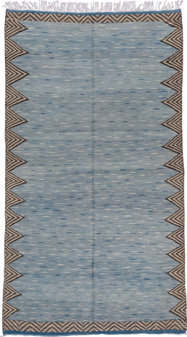 4' x 8' one-of-a-kind handmade vintage Kilim rug. Color palette: blue, brown, dark gray, dim gray, gray, light gray