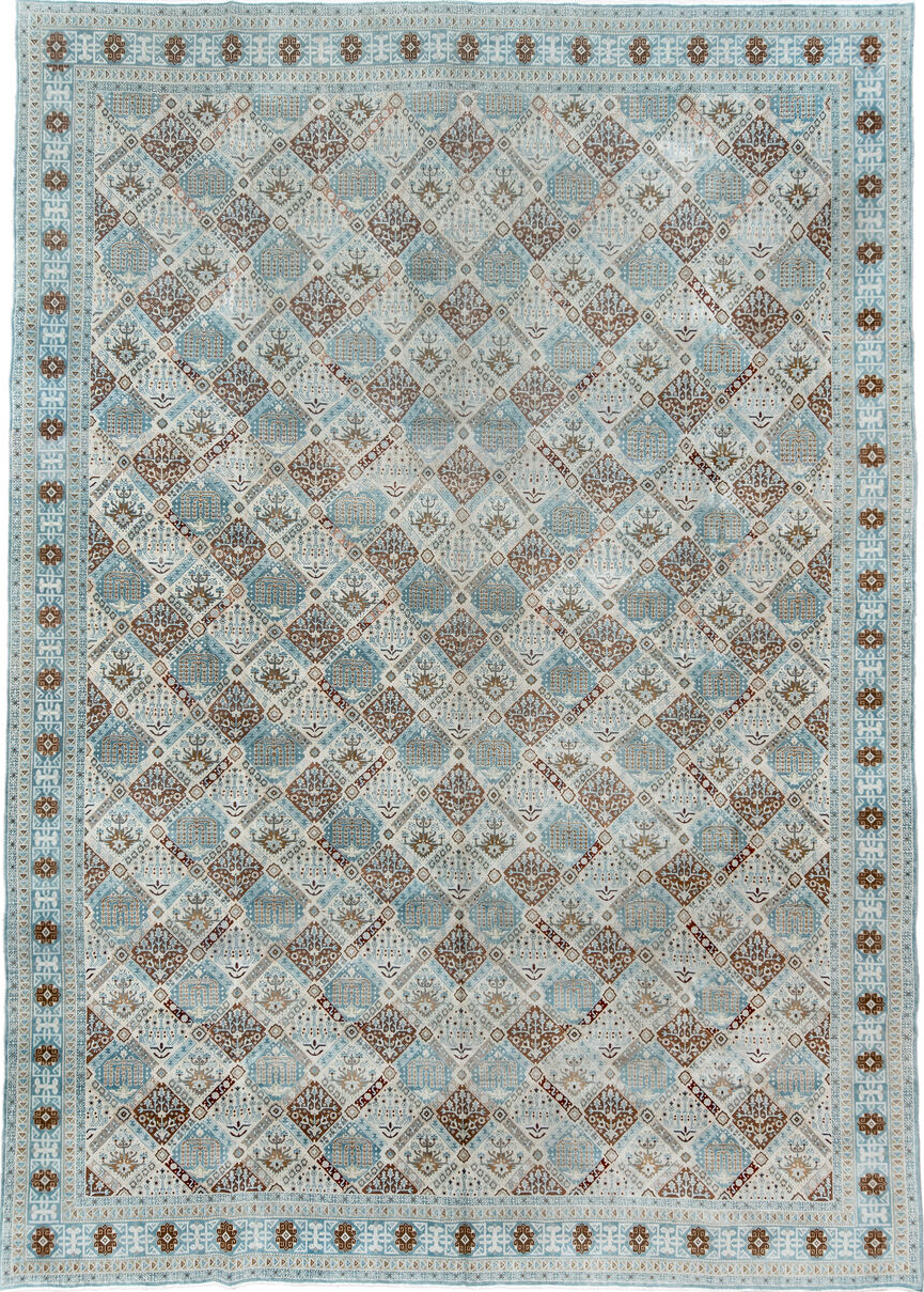 11' x 15' one-of-a-kind handmade vintage Qum oversize rug. Color palette: blue, brown, gray, light blue, light gray