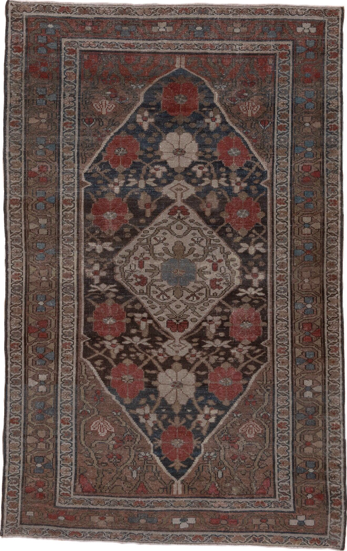4' x 6' one-of-a-kind handmade vintage Malayer small size rug. Color palette: black, blue, brown, charcoal, dark gray, gray