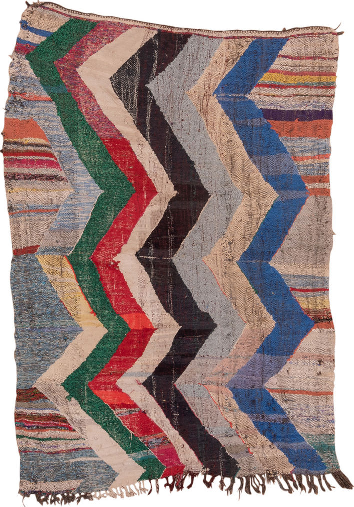4' x 6' one-of-a-kind handmade vintage Rag Rug small size rug. Color palette: blue, brown, dim gray, gray, light gray