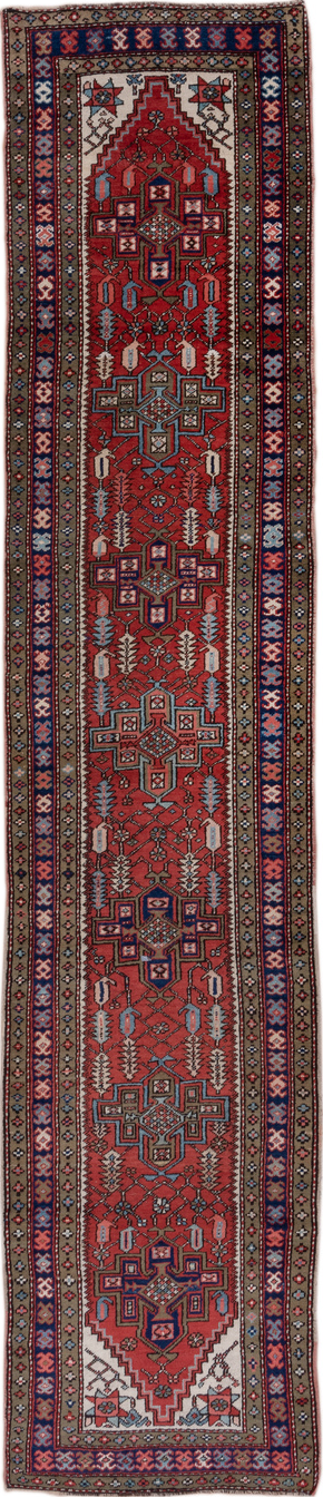 3' x 14' one-of-a-kind handmade vintage Heriz runner rug. Color palette: brown, gray, light gray, pink, red