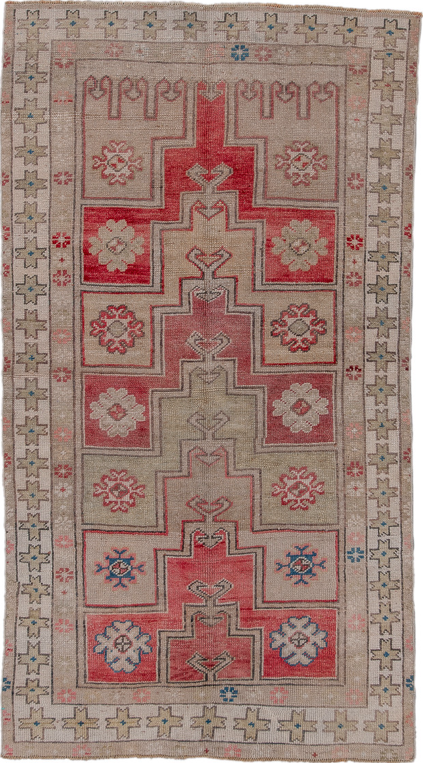 3' x 6' one-of-a-kind handmade vintage Oushak small size rug. Color palette: blue, brown, gray, light coral, light gray
