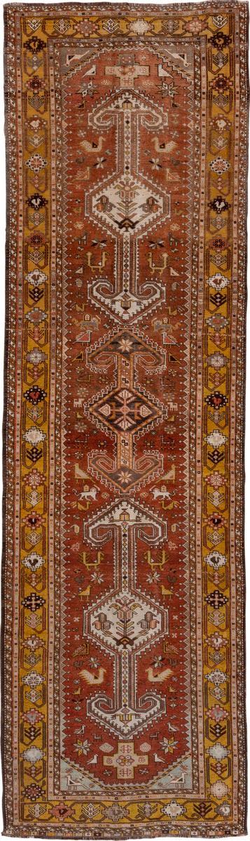 3' x 12' one-of-a-kind handmade vintage NW Persian runner rug. Color palette: brown, gray, pink, yellow