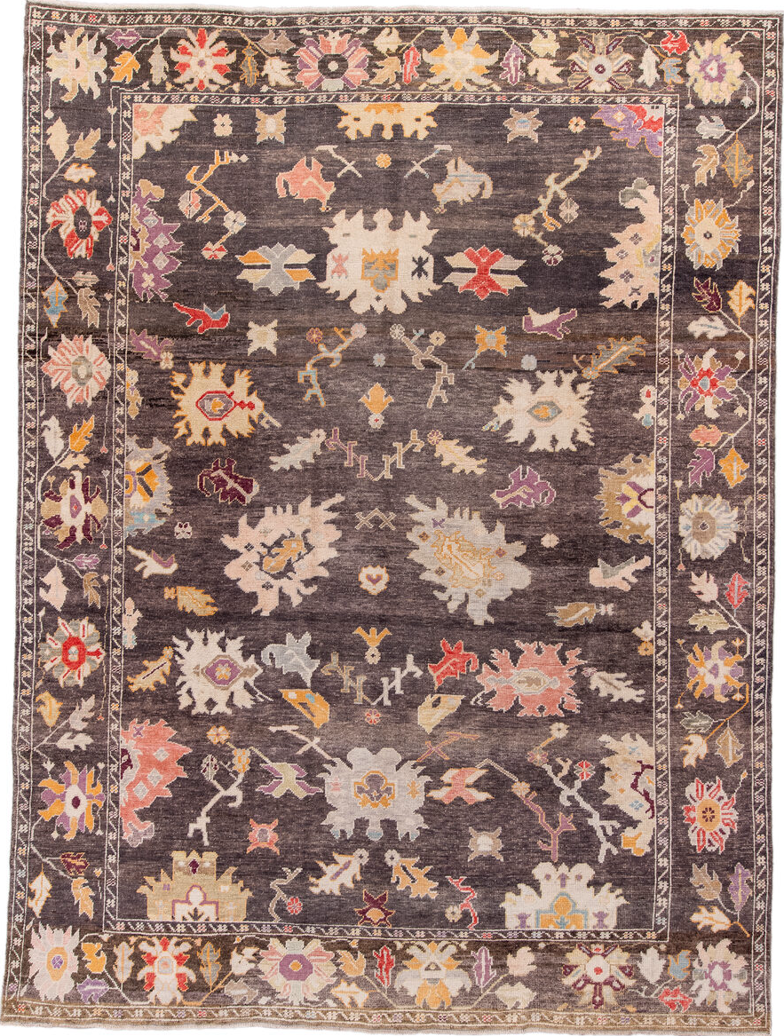 9' x 13' one-of-a-kind handmade vintage Oushak large size rug. Color palette: brown, gray, light gray, misty rose, off-white