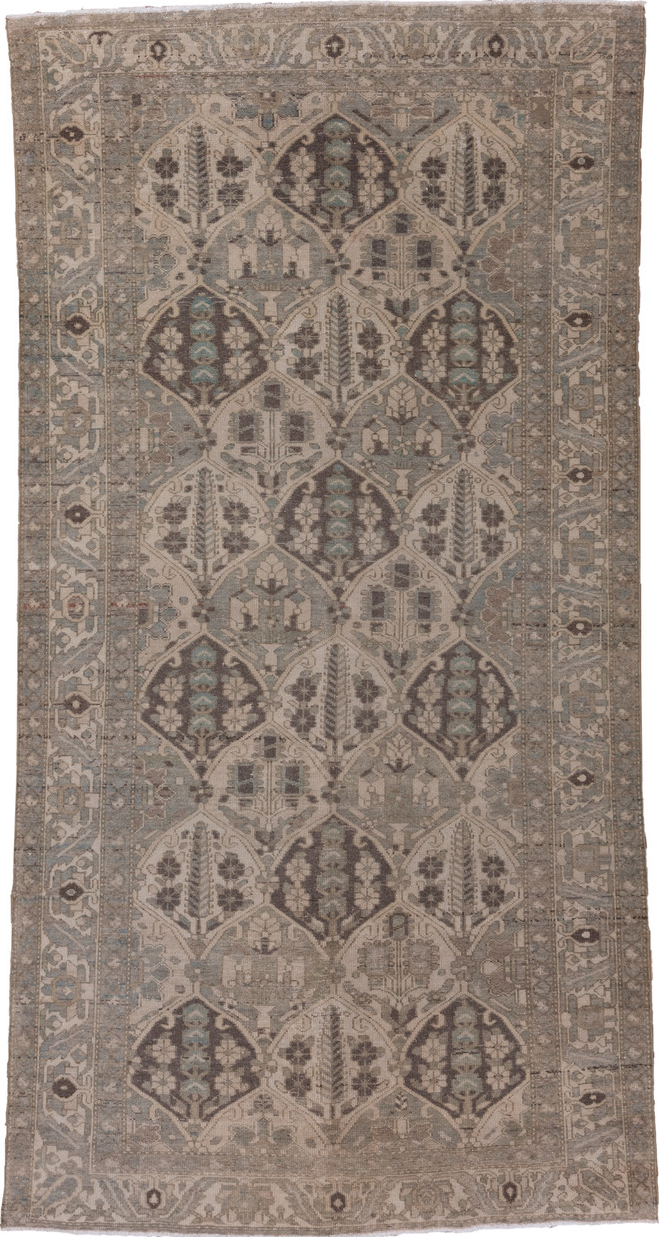 5' x 9' one-of-a-kind handmade vintage Baktiary medium size rug. Color palette: brown, gray, light gray, off-white, pink