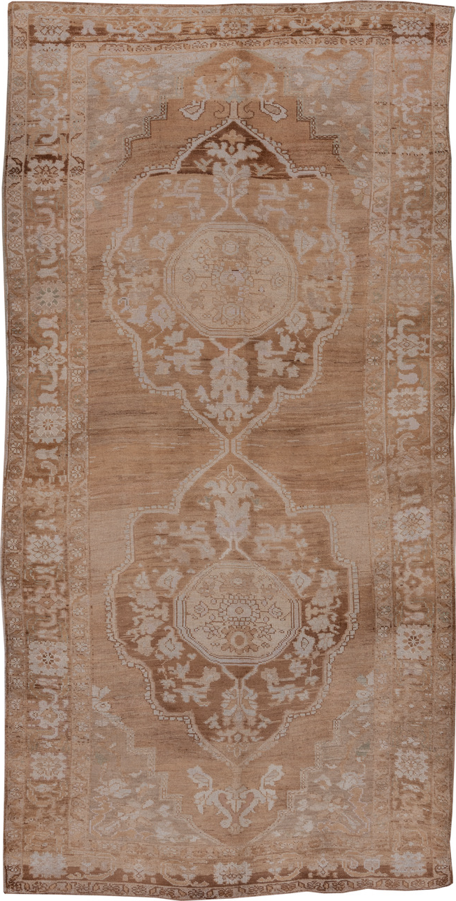 6' x 12' one-of-a-kind handmade vintage Oushak large size rug. Color palette: brown, gray, off-white, pink, snow, white