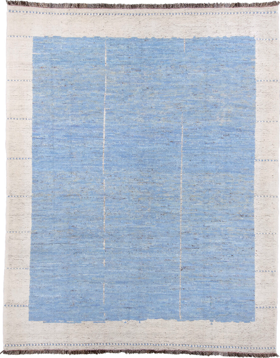 9' x 12' one-of-a-kind handmade vintage Tulu large size rug. Color palette: blue, dark gray, gray, light blue, light gray
