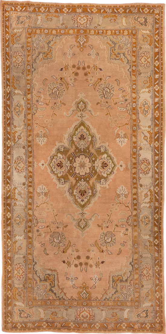 5' x 10' one-of-a-kind handmade vintage Agra medium size rug. Color palette: brown, gray, light gray, off-white, orange