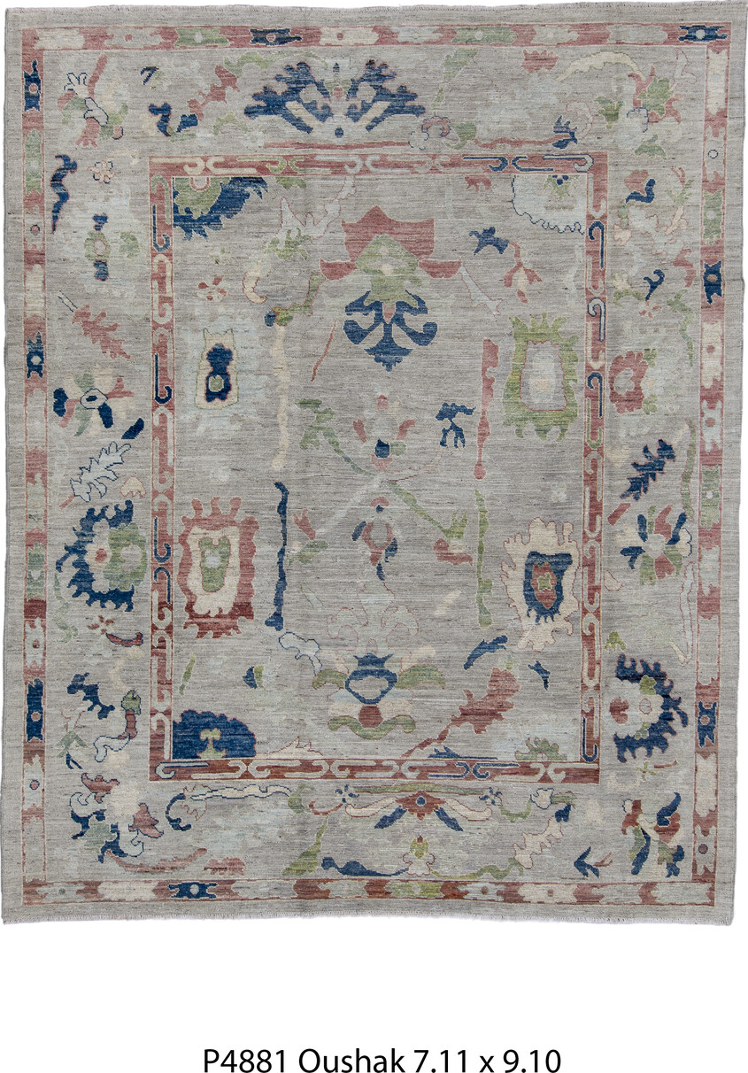 7' x 9' one-of-a-kind handmade vintage Oushak rug. Color palette: blue, brown, dark gray, fiord, gray, light gray, off-white