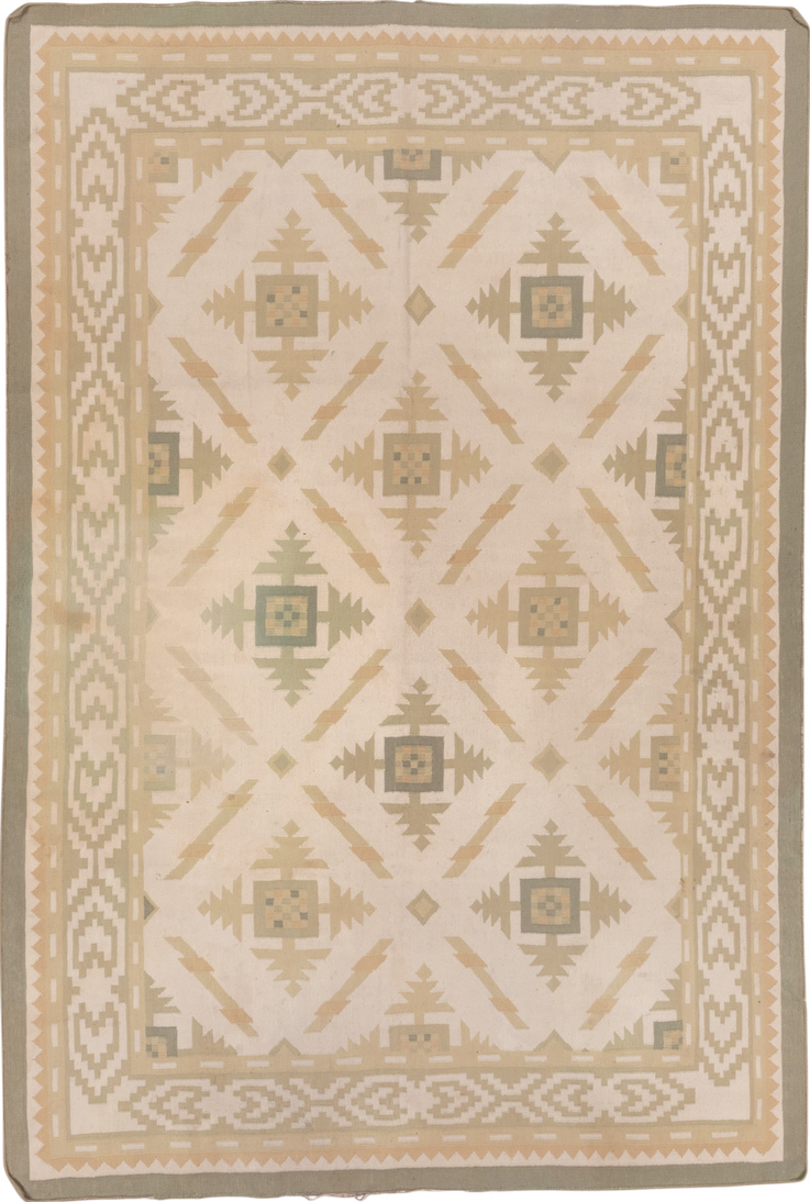 6' x 9' one-of-a-kind handmade vintage Dhurrie medium size rug. Color palette: brown, gray, light gray, off-white, orange